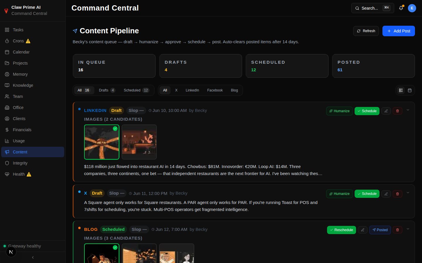 Command Central content queue with scheduled posts, drafts, and approval workflow