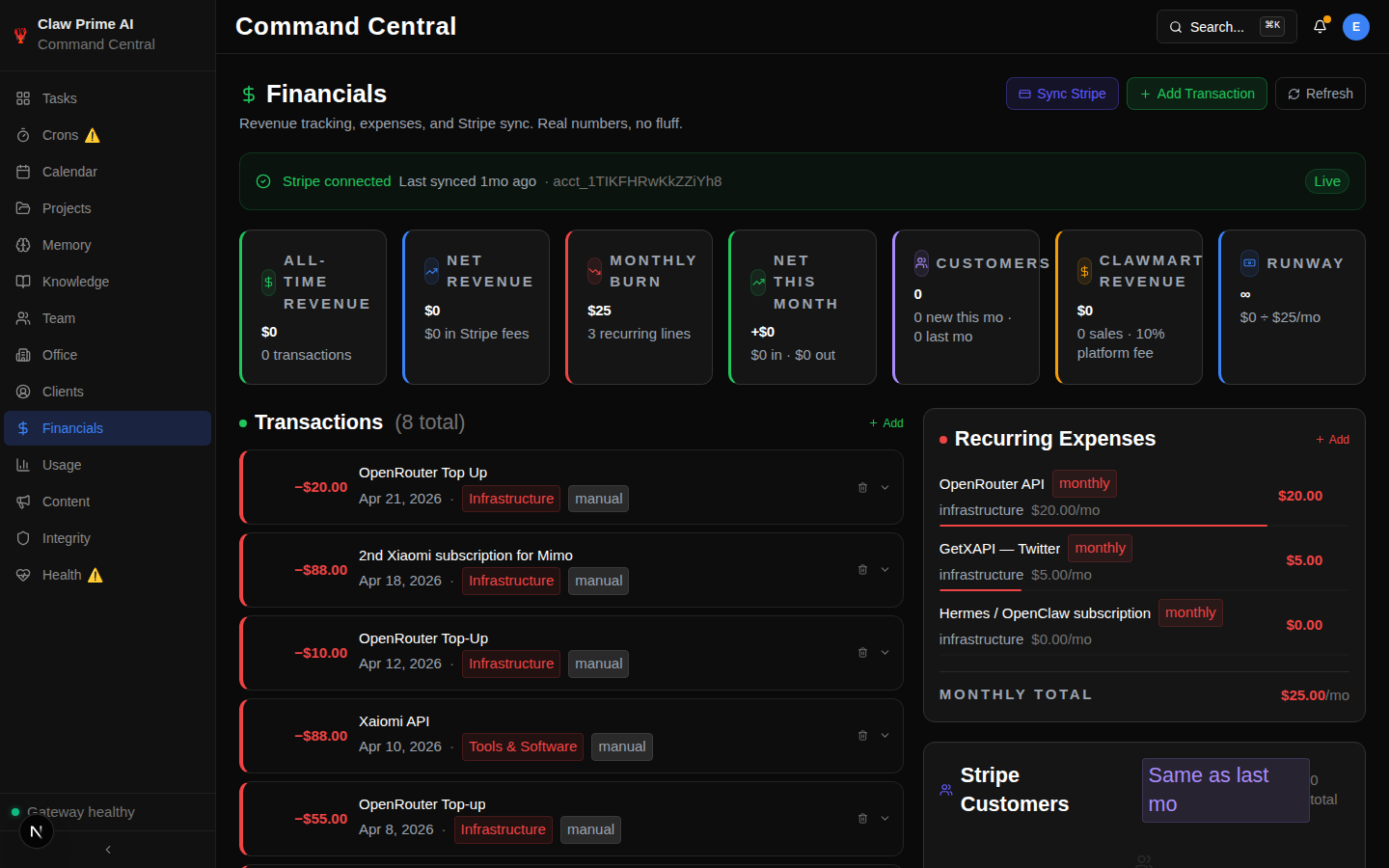 Command Central financials view showing revenue, MRR, and transaction history