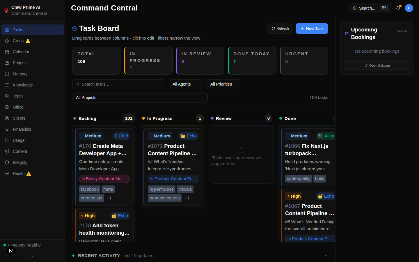 Command Central Kanban task board with cards organized by status columns